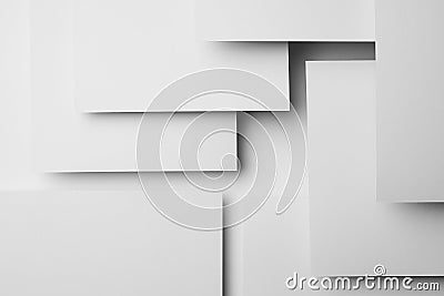 White rectangles paper spaces fly with shadows, glow, stripes as complex abstract geometric background in strict precize elegant. Stock Photo