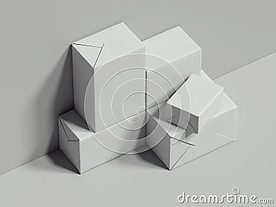 White rectangular boxes stand next to the grey wall, 3d rendering Stock Photo
