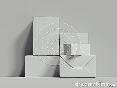 White rectangular boxes stand next to the grey wall, 3d rendering Stock Photo