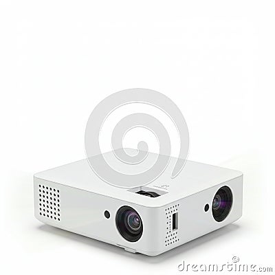 White rectangular projector with rounded edges, featuring two lens openings on the front face. Stock Photo