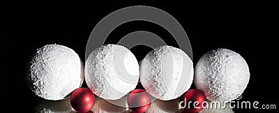 White red christmas decorative ball over mirror reflected reverberation on dark black background. To write 2019 on Stock Photo