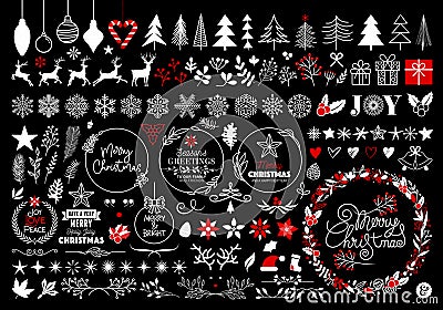 White and red Christmas Illustrations set, design elements Vector Illustration