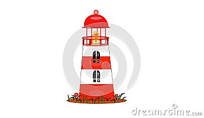 White-red lighthouse isolated with fire light for ships Cartoon Illustration