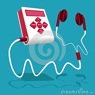 White and red MP3 player is connected to the earphone Vector Illustration