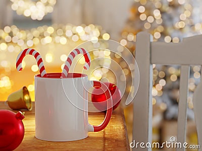 White and Red Mug Mock Up with Bright Background Lights Unfocused in a Christmas Scene Stock Photo