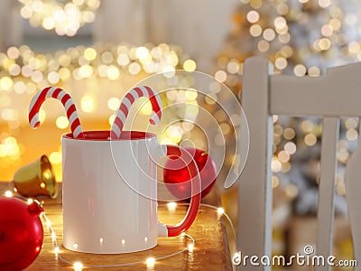 White and Red Ceramic Mug with Bright Lights Unfocused and Christmas Decorations Stock Photo