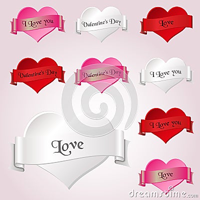 White red and pink valentine hearths and ribbon from paper decoration element eps10 Vector Illustration