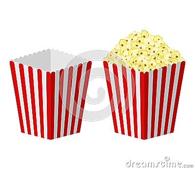 White and red striped paper popcorn bag isolated on white background. Classic movie-theater full and empty popcorn box Vector Illustration