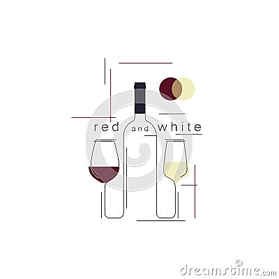 White and red wine. Bottle and wineglasses. Vector Illustration