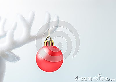 White reindeer antler with Christmas decoration on white background. Christmas or New Year minimal concept Stock Photo