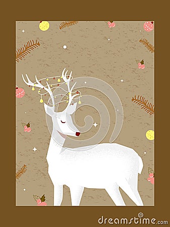 White Reindeer Character with Baubles, Holly Berries, Fir Leaves Decorated in Background and Copy Stock Photo