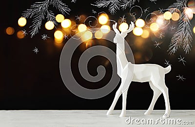 White reindeer on wooden table over chalkboard background whith hand drawn chalk illustrations Cartoon Illustration