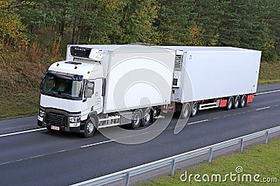 White Renault T Reefer Truck on Motorway Editorial Stock Photo