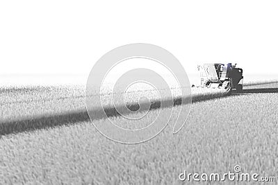 White render in aero photo style of big rye agricultural combine harvester working on field for using as template or background, Cartoon Illustration