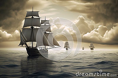 White retro sail ships in ocean. Generative ai image Stock Photo