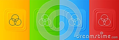 White RGB and CMYK color mixing icon isolated on colorful background. Set icons in square buttons. Vector Stock Photo