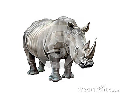 White rhino Ceratotherium simum, realistic drawing Cartoon Illustration