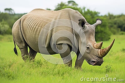 a white rhino grazing in a green field Stock Photo