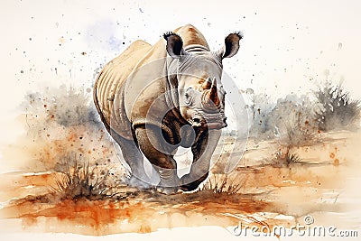 White Rhinoceros in southern african savanna. Watercolor style art Stock Photo