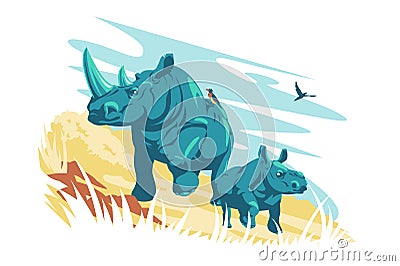 White rhinoceros wild animal Vector Illustration