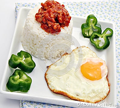 White rice with fried egg Stock Photo