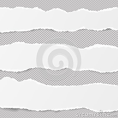 White ripped blank horizontal note paper strips for text or message stuck on gray background. Vector Illustration