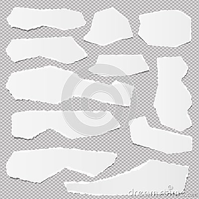 White ripped blank note paper strips for text or message stuck on gray background. Vector Illustration