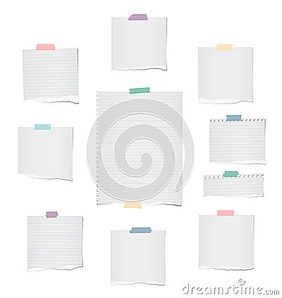 White ripped lined and blank note, notebook paper strips, sheet for text or message stuck with colorful sticky tape on Vector Illustration