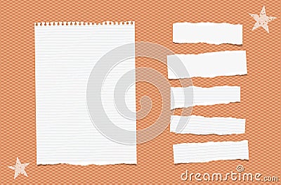 White ripped lined paper strips, sheet, notebook, note for text or message stuck tape on orange squared background. Vector Illustration