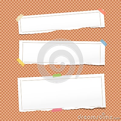 White ripped note, copybook, notebook paper strips with lined frame stuck on orange squared background. Vector Illustration