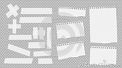 White ripped notebook, copybook sheets, sticky, adhesive tape stuck on grey dotted pattern. Vector Illustration