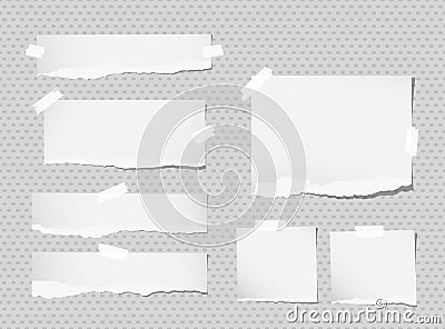 White ripped notebook, copybook sheets stuck with sticky tape on grey dotted pattern. Vector Illustration