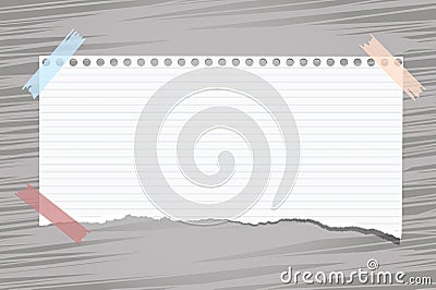 White ripped ruled note, notebook, copy book paper sheets stuck with colorful sticky tape on lined pattern Stock Photo