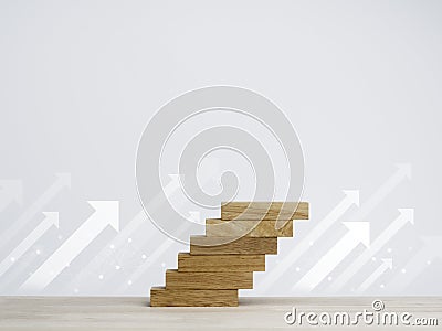 White rise up arrows with wooden blocks arranged as a steps chart on a wooden desk and clean white background with copy space. Stock Photo