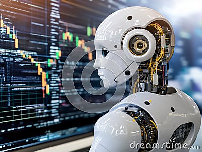 White robot analyzing declining stock market data on computer screen Stock Photo