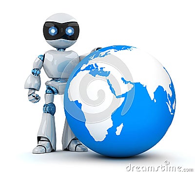 White robot and blue earth Cartoon Illustration