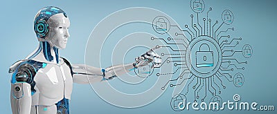 White robot on blurred background hacking and accessing private Stock Photo