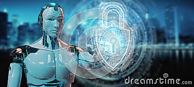 White robot protecting datas with digital security padlock hologram 3D rendering Stock Photo
