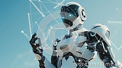 White robot in digital network with floating dots and lines, 3d rendering, futuristic concept. Stock Photo
