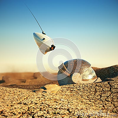 White robot drone hovering over obsolete space helmet in cracked desert on other planet. sci-fi concept 3d render Stock Photo