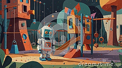 White Robot Exploring Colorful Futuristic Playground with Slides and Swings at Night Stock Photo