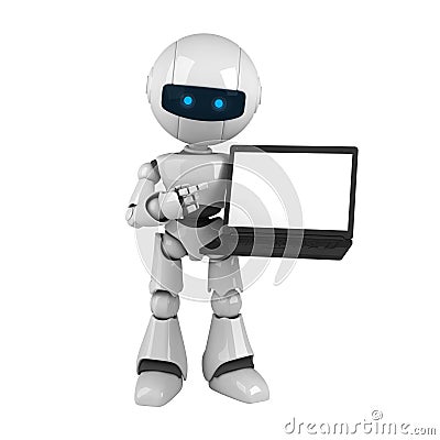 White robot with laptop Cartoon Illustration