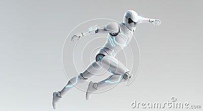 White Robot Leaping Futuristic Action Figure 3d Render Stock Photo