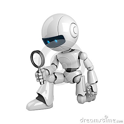 White robot with magnifying glass Stock Photo