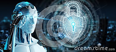 White robot protecting datas with digital security padlock hologram 3D rendering Stock Photo