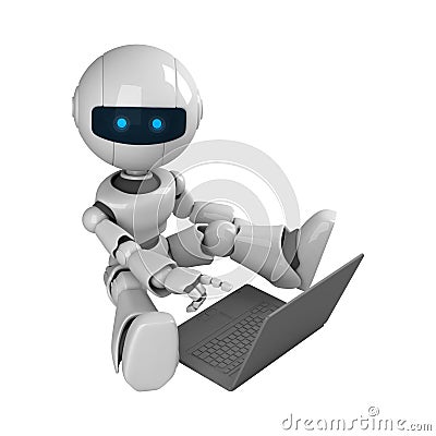 White robot sit with laptop Stock Photo