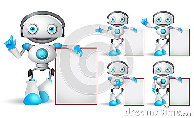 White robot vector character set standing while holding empty white board Vector Illustration