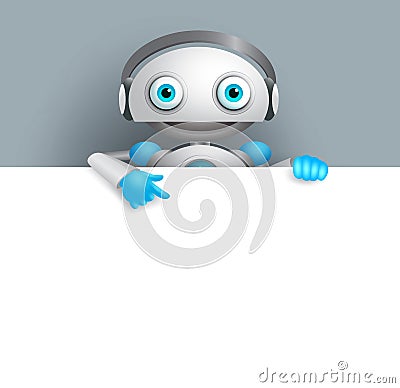 White robot vector character showing empty white board for text Vector Illustration