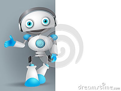 White robot vector character standing while speaking with while empty blank board Vector Illustration