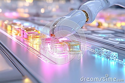 White Robotic Arm in a Futuristic Factory Manipulating Transparent Glowing Objects on a High-Tech Surface. Concept Stock Photo